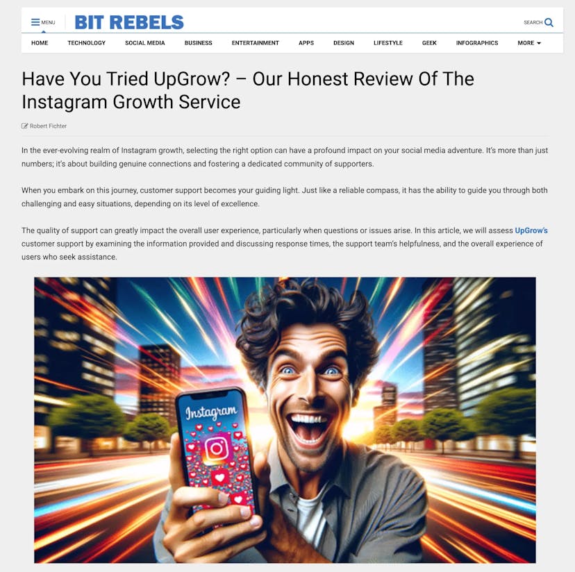 A screenshot of an honest review of UpGrow's Instagram growth service